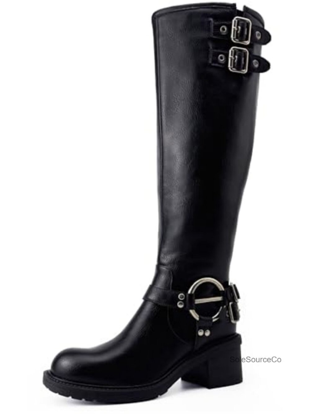 Faux Leather Knee High Boots Chunky Heel Wide Calf Round Toe Side Zip Pull On